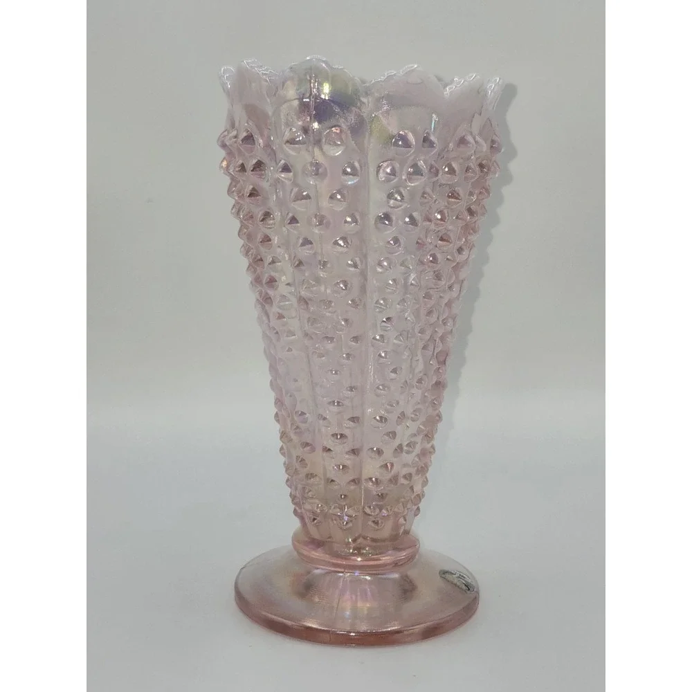 Fenton Glass 95th Anniversary Iridized Pink Opalescent Hobnail Fan‎ Vase 8